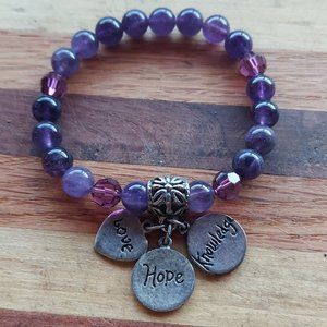 Amethyst Polished Stone Vintage Stretch Bracelet Love Hope & Knowledge Charms